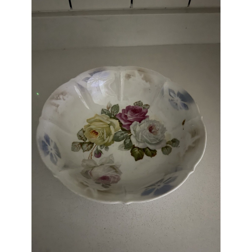 VTG Bavaria Porcelain Bowl 10.5" Iridescent Luster Rose Decor Frilly Edge
